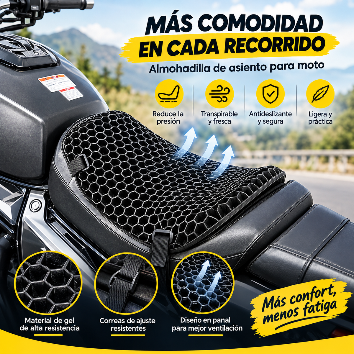 MotoFlex Gel™ - 💥 Cojín de Gel Ergonómico para Moto Lineal Más comodidad, más ruta, más libertad. 🏍️