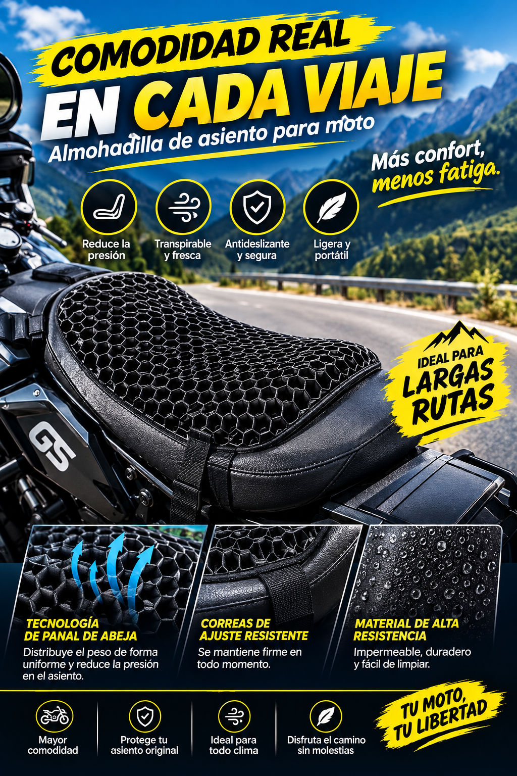 MotoFlex Gel™ - 💥 Cojín de Gel Ergonómico para Moto Lineal Más comodidad, más ruta, más libertad. 🏍️
