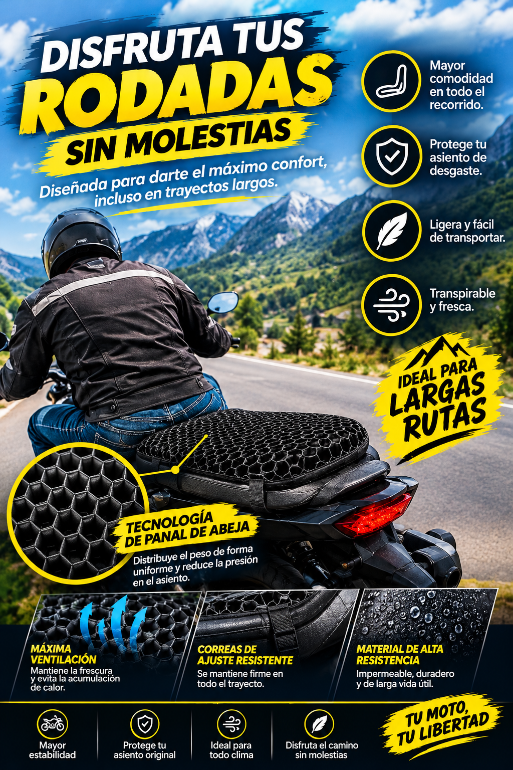MotoFlex Gel™ - 💥 Cojín de Gel Ergonómico para Moto Lineal Más comodidad, más ruta, más libertad. 🏍️
